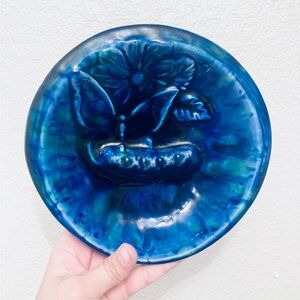 Gorgeous glazed blue and green ceramic pottery ash tray butterfly flowers